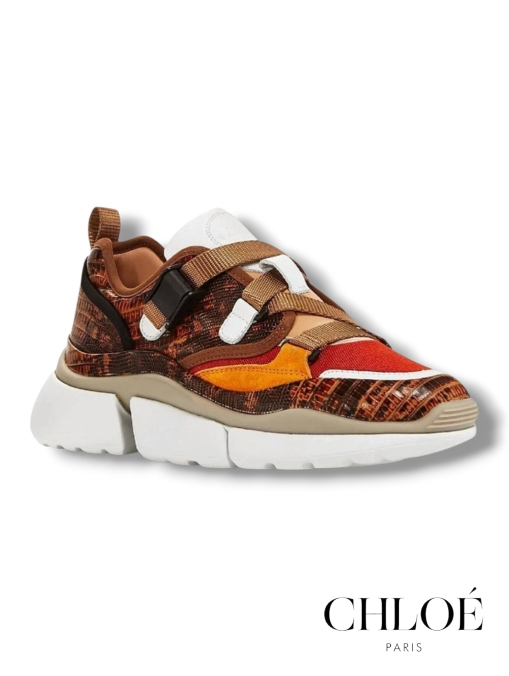 Chloe Sonnie Snake Trainer In Brown Python Leather, Orange Suede & Red Mesh Sz41